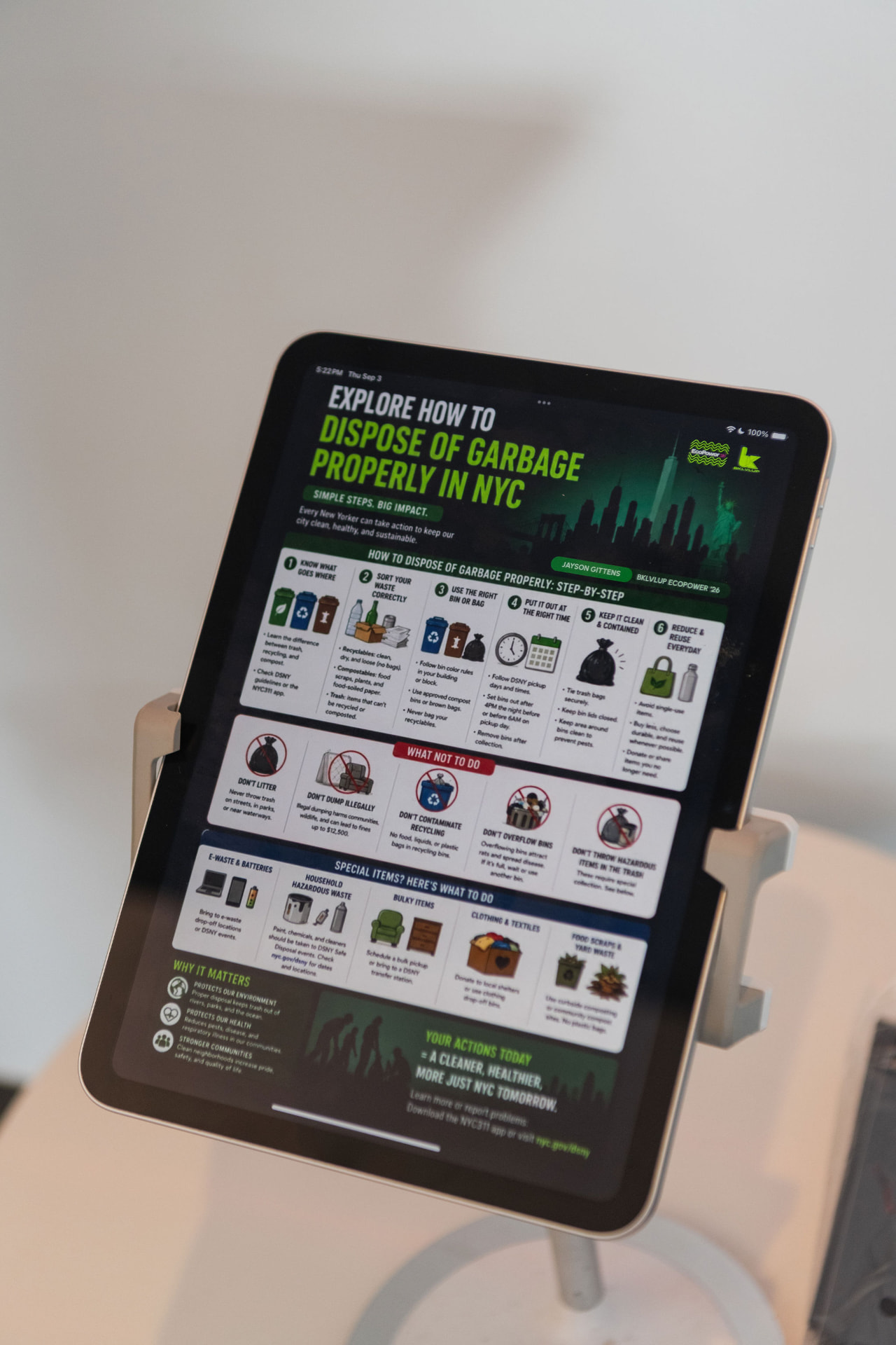 Tablet showing an Operator-built guide to disposing of garbage in NYC