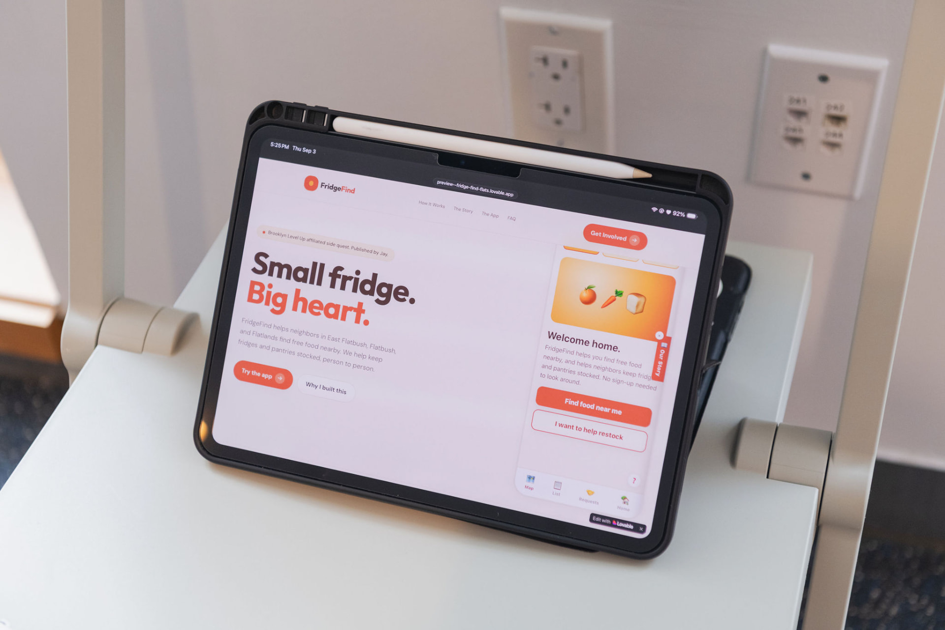 FridgeFind, an Operator-built app for finding free food nearby, on a tablet